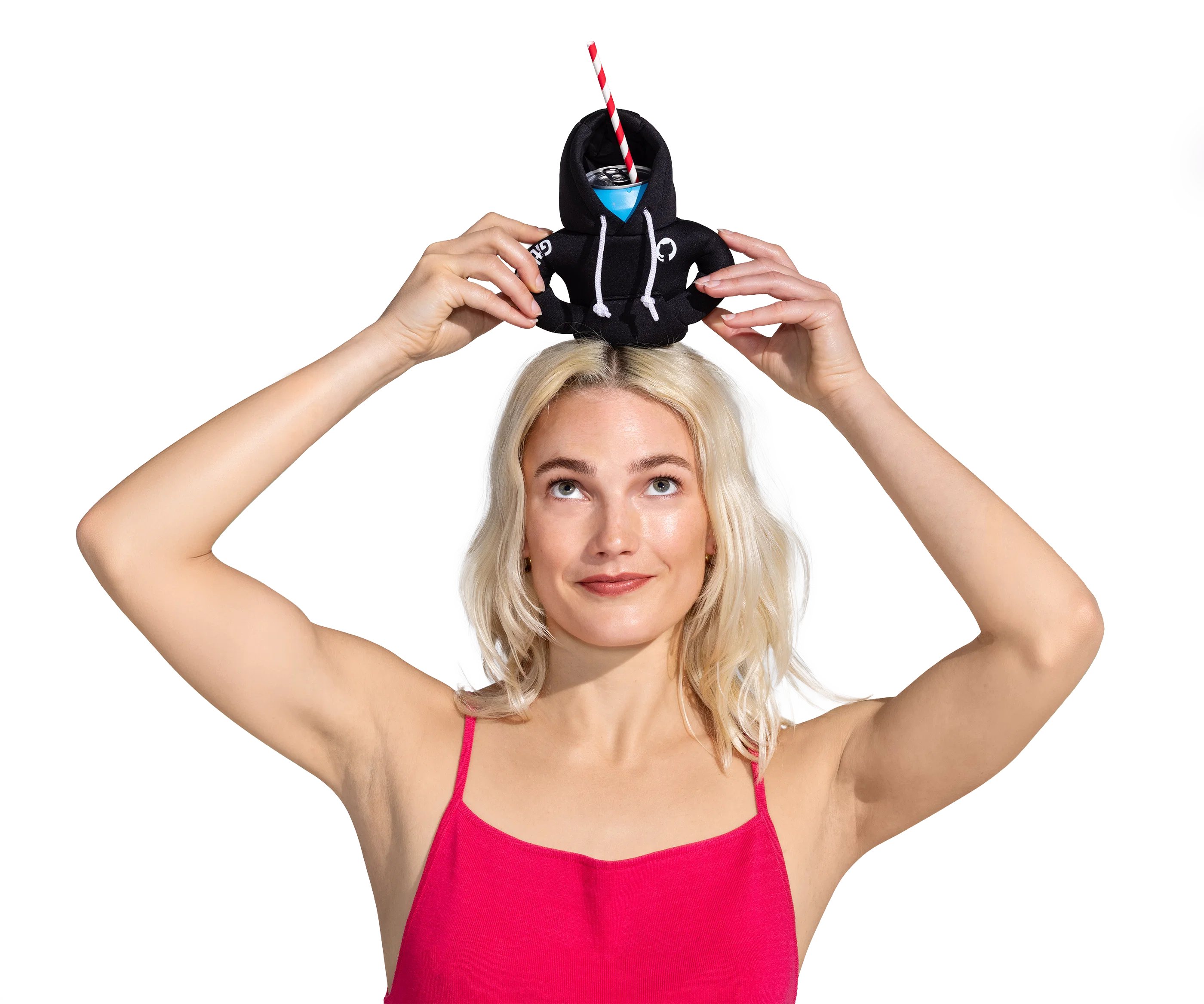 Woman model holding a hoodie can koozie with a drink inside on top of her head.