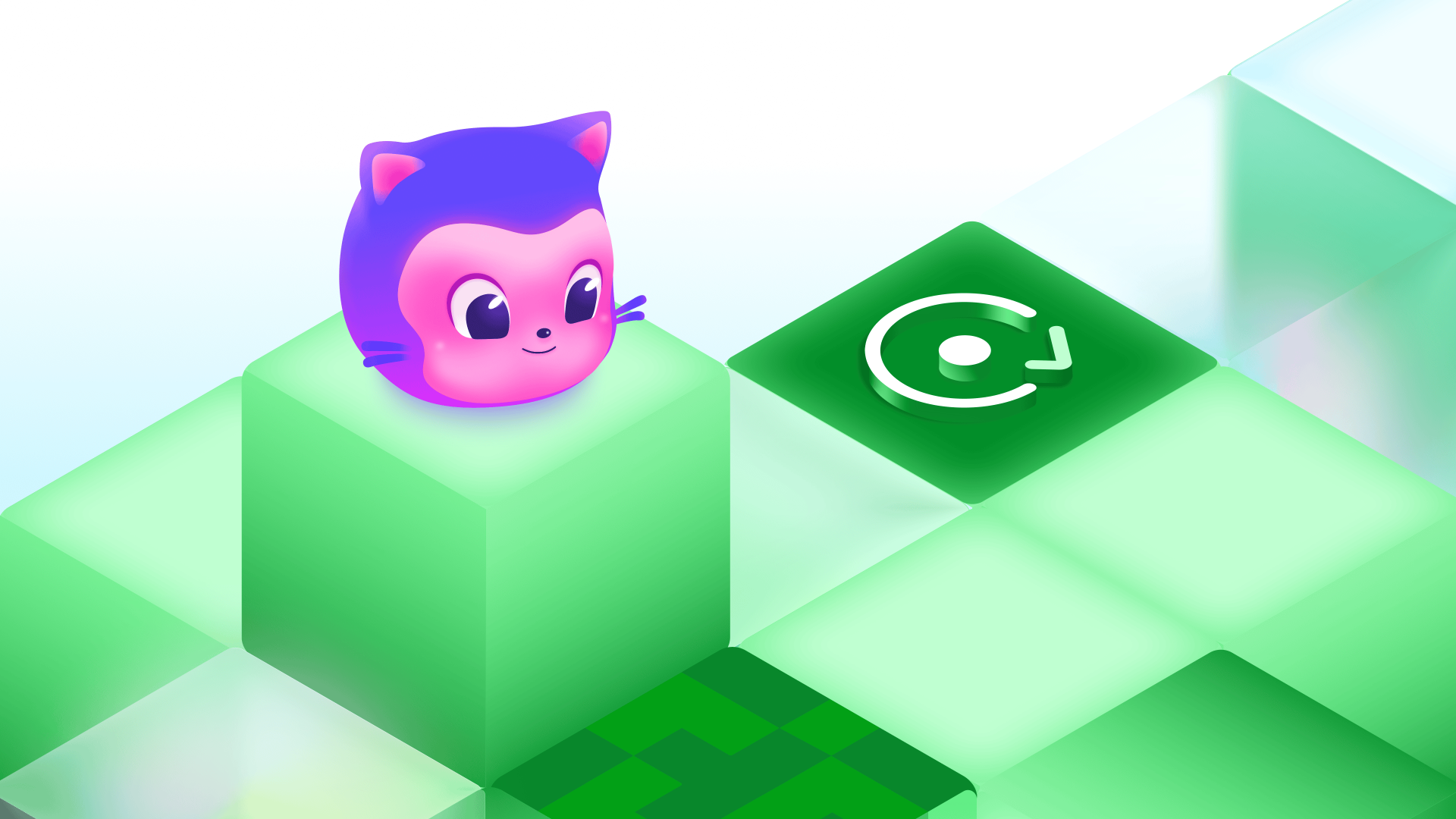 Mona sits on a raised green block beside another block displaying a circular refresh-style icon.