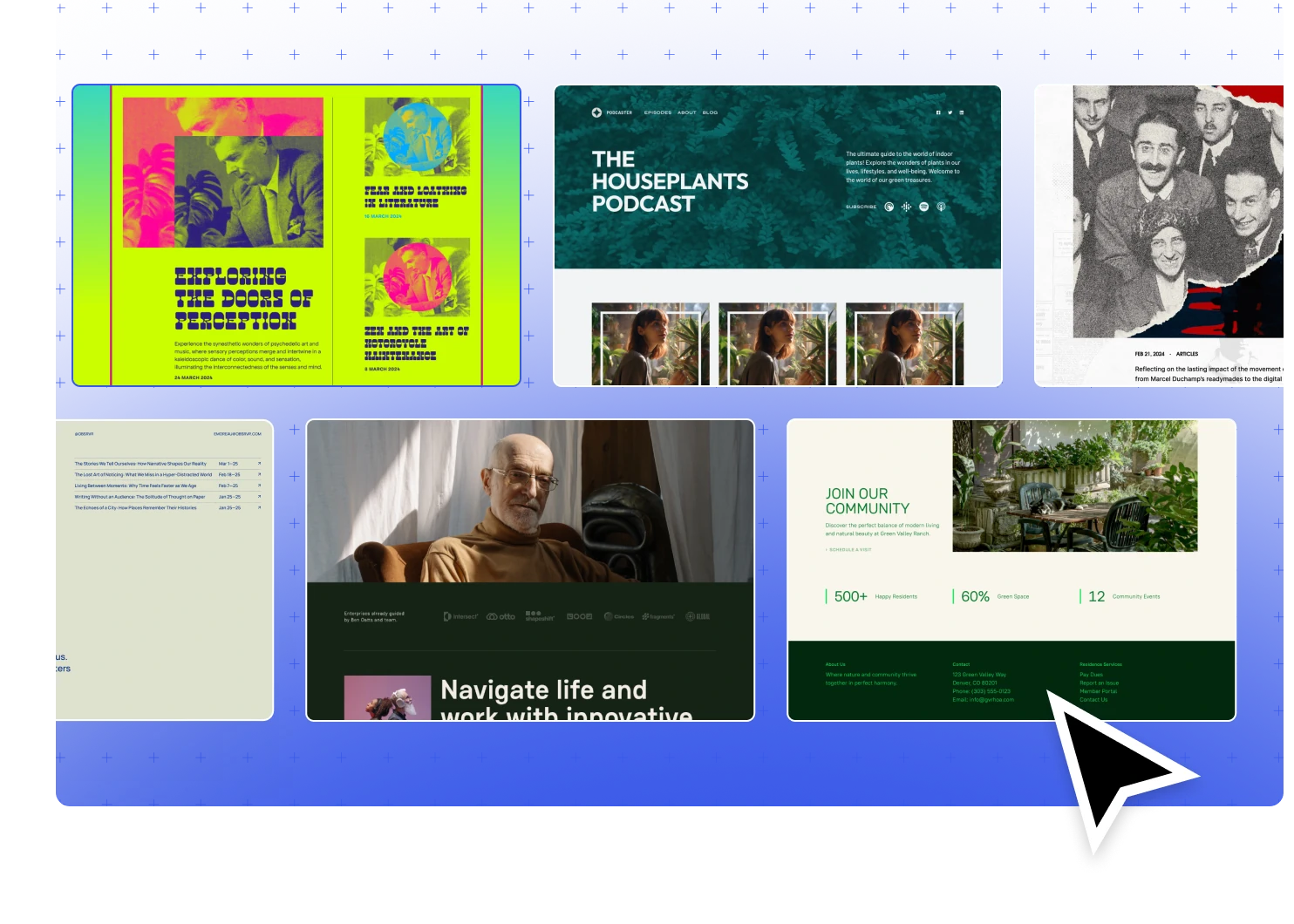 Collage of WordPress.com website theme examples on a blue background.