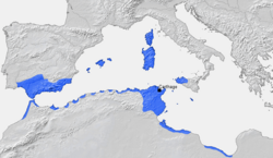 Location of Carthage and Carthaginian sphere of influence prior to the First Punic War (264 BC), based on Putzger Atlas und Chronik zur Weltgeschichte