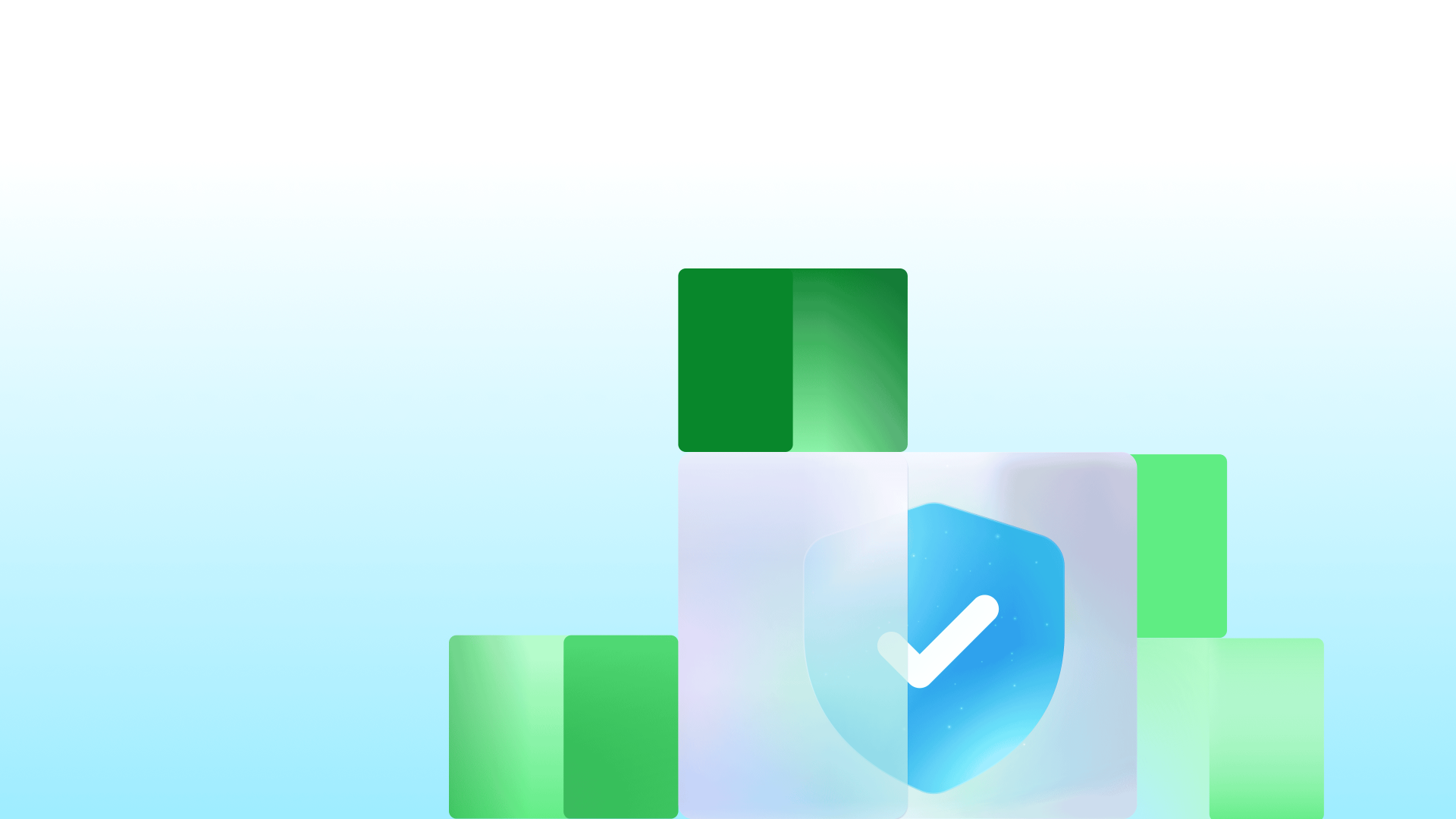 A shield with a checkmark icon appears centered among decorative green blocks.