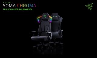 Press images of the Razer Chroma gaming chair, in black, with RGB lighting on the headrest