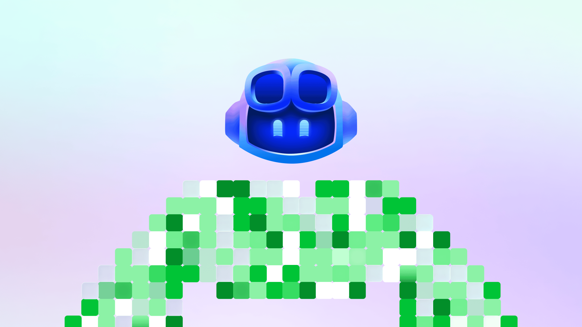 Copilot hovering above a mosaic of green squares in a decorative scene.