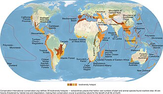 Mappa dei punti caldi della biodiversità nel mondo, tutti fortemente minacciati dalla perdita e dal degrado dell'habitat, 2014.