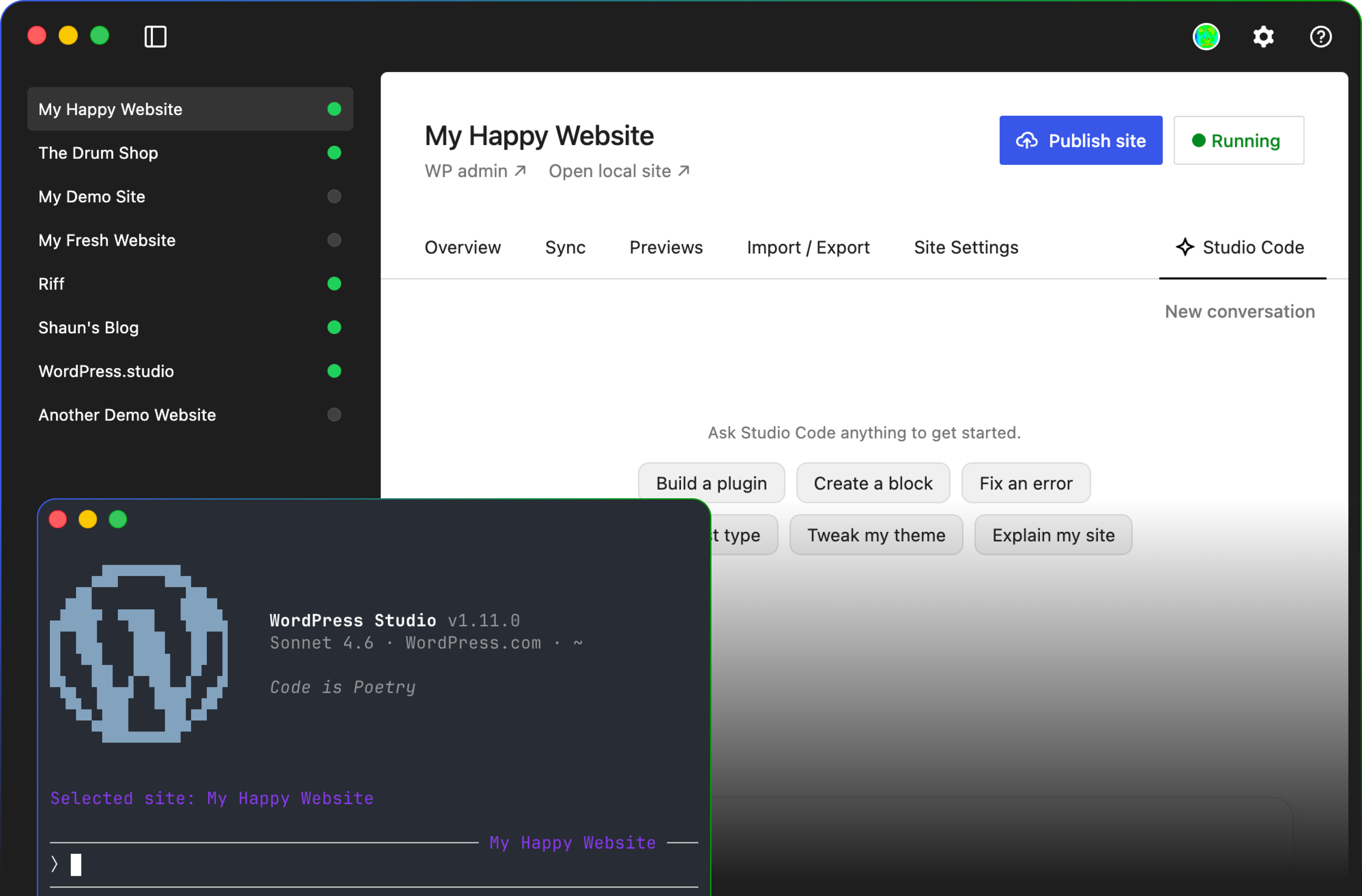 Screenshots of the Studio desktop app and a terminal window with Studio Code loaded