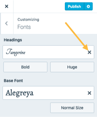 The Customizing Fonts panel with an arrow pointing to the X to the right of the custom heading font to reset the font to the theme's default.