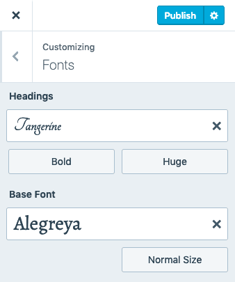 The Customizing Fonts panel with the Headings option set to Tangerine, the font style set to bold and the font size set to huge.
