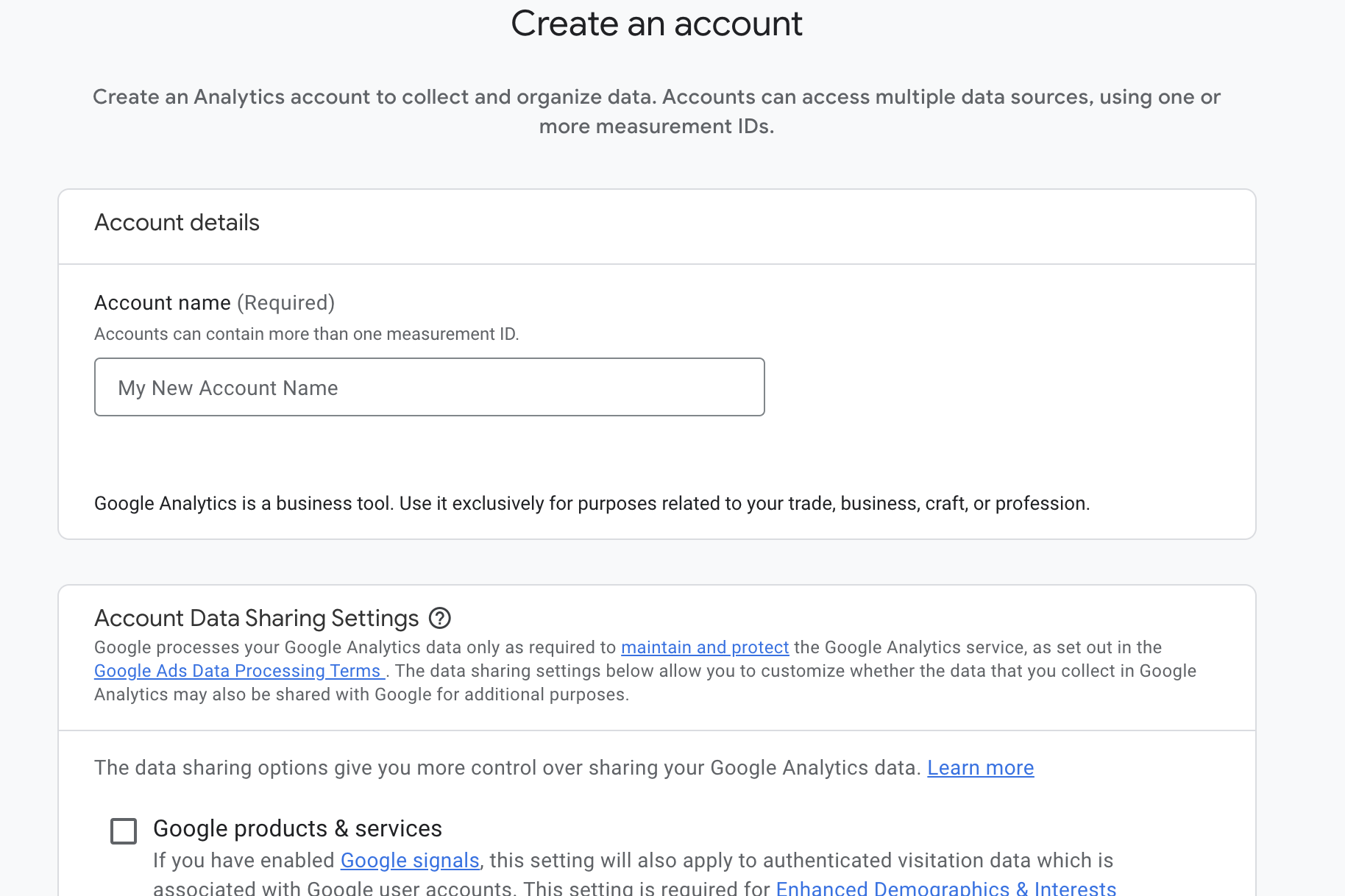 Pantalla de nueva cuenta de Google Analytics