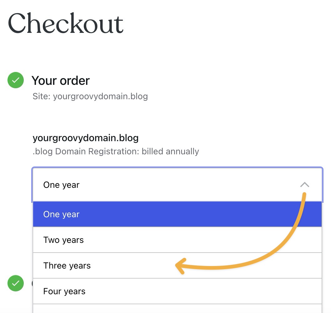 Domain registration screen showing renewal duration options.