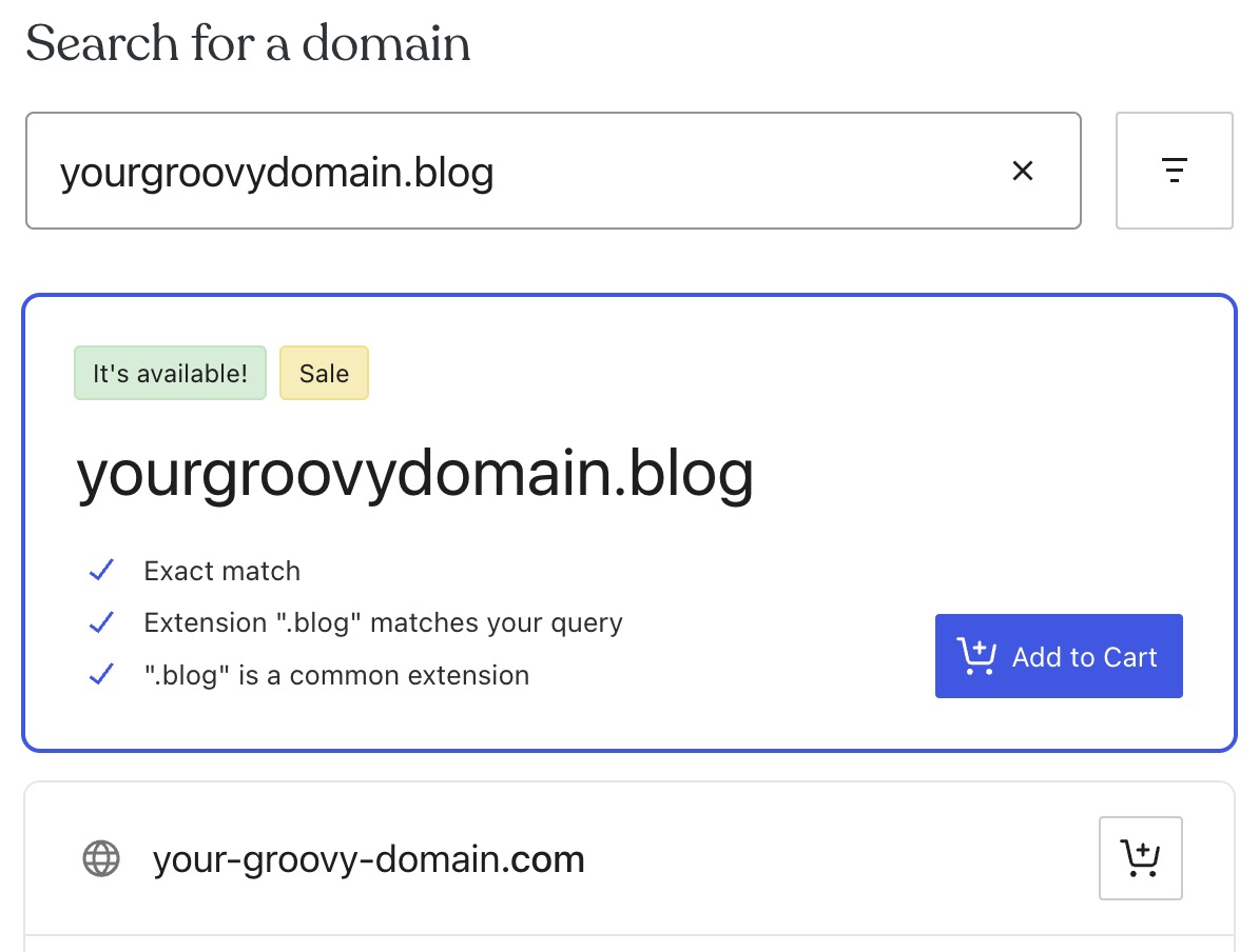 A domain search showing available domain names.