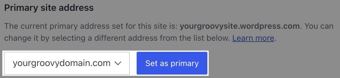 The domain selected from the drop-down and the "Set as primary" button active.