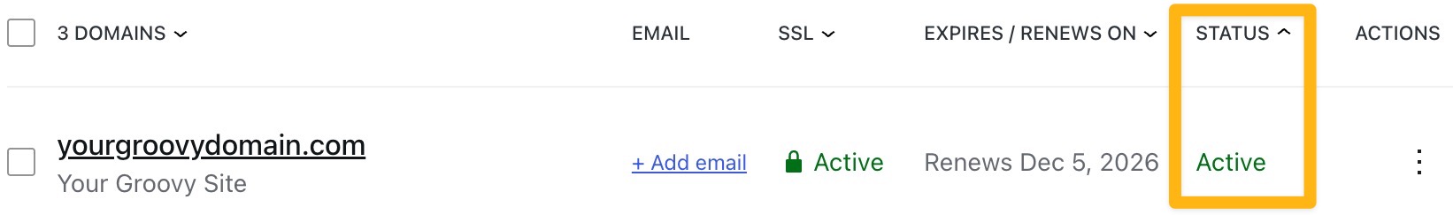 A box drawn around the Status column for domains.
