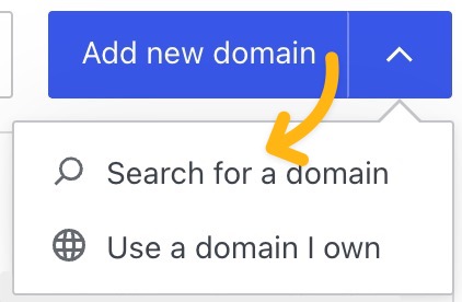 An arrow from the "Add new domain" button to the "Search for a domain" option.