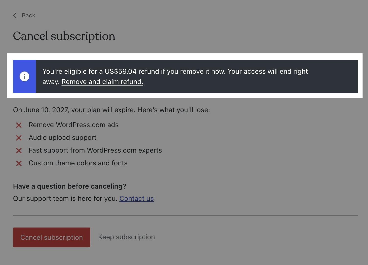 The "remove and claim refund" link is highlighted at the top of the cancellation screen.