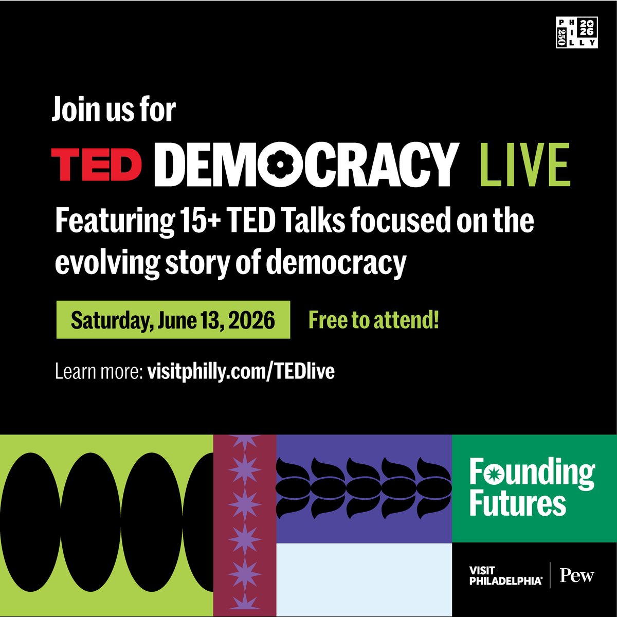 Promotional graphic for TED Democracy Live event with 15+ talks on democracy, free on June 13, 2026.