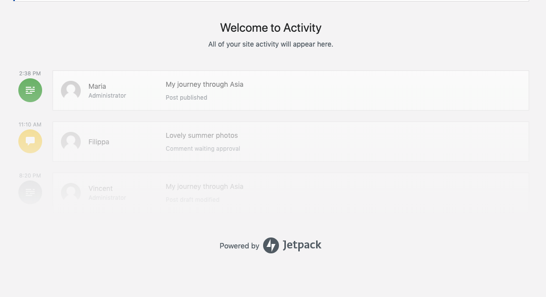 The Activity Log screen with no activity to display.
