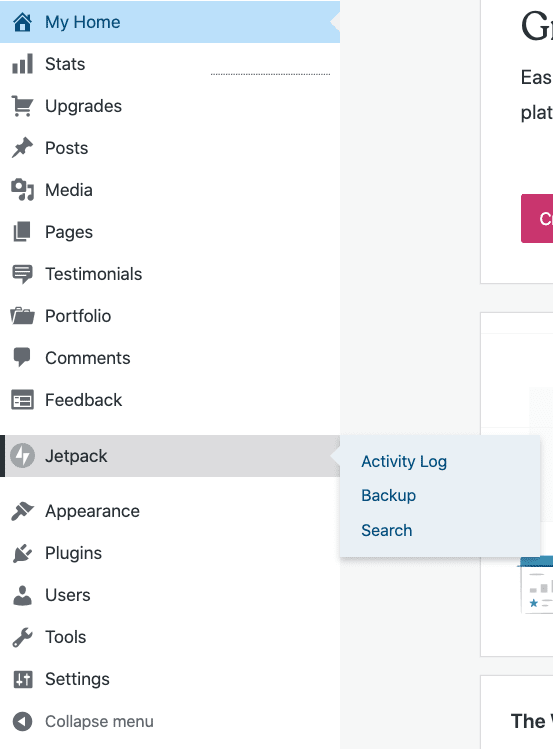 WordPress.com の左サイドバーメニュー。「Jetpack」が強調表示され、「アクティビティログ」が展開されている。