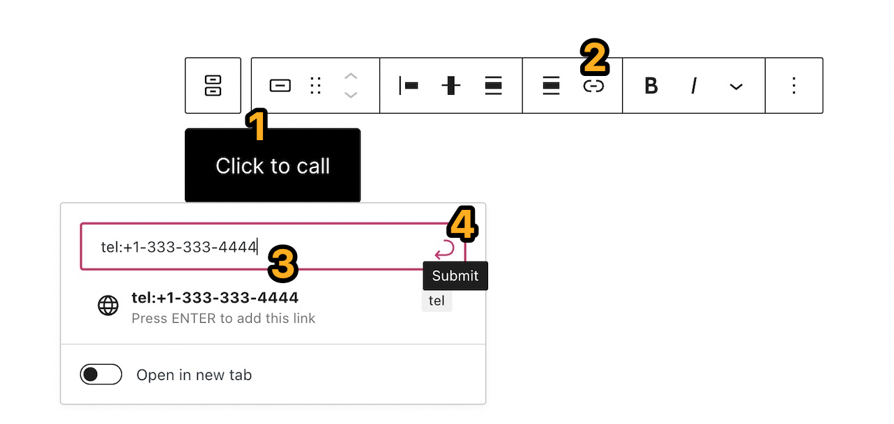 Add a clickable phone link to the Buttons block.