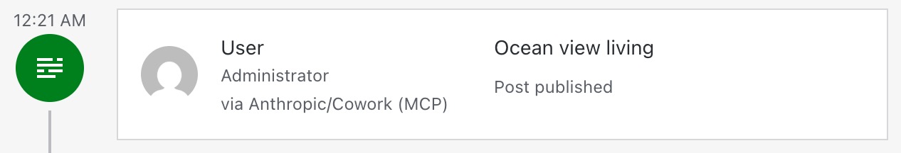 An entry in the activity log showing "via Anthropic/Cowork (MCP)."