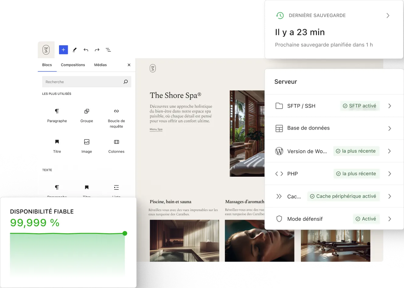 L'éditeur WordPress affiche une page d'atterrissage pour un spa, tandis que des cartes d'état superposées affichent le temps de sauvegarde, les paramètres du serveur et une métrique de disponibilité fiable dans un espace de travail de tableau de bord propre et minimaliste.