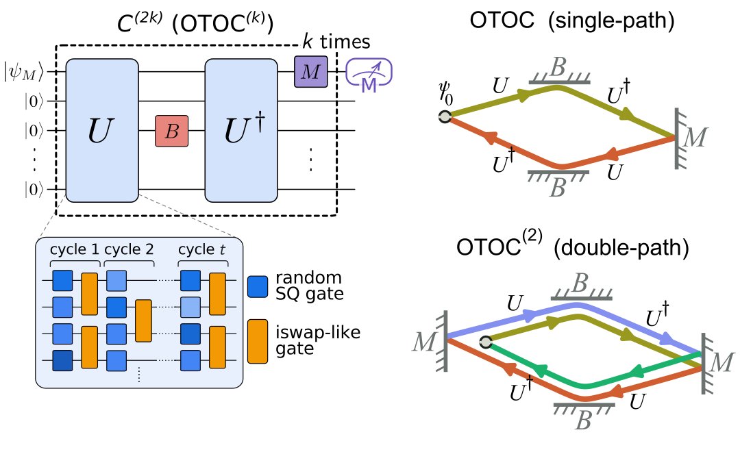 Left: Quantum circuit measuring OTOCs of different orders, k. Qubits are initiated in the ground state, with one qubit in the state denoted by |𝜓M. A complex many-body evolution (U) is implemented by the quantum processor, consisting of one- and two-qubit operations applied to neighboring qubits on a two-dimensional grid. The evolution is reversed (U†) after perturbing one qubit with gate B, followed by a probe operation M on the initially prepared qubit |𝜓M〉. This repeats k times before measuring another qubit M. Right: Conceptual representation of OTOCs of different order as interferometers.