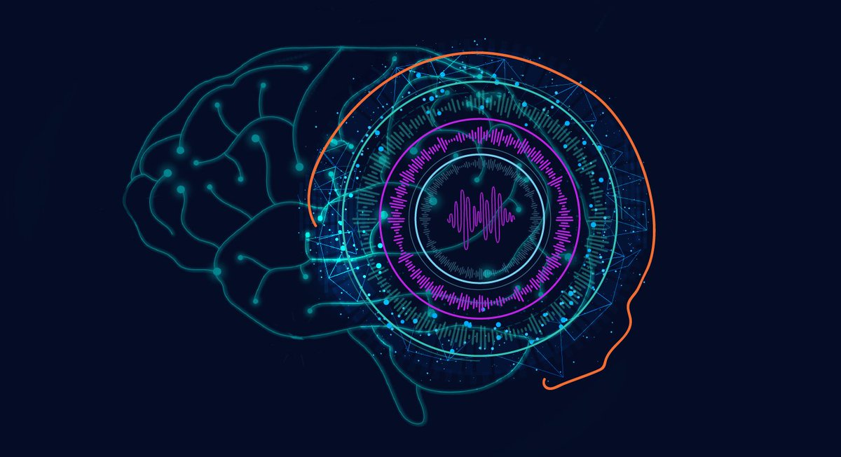 An abstract digital illustration of a brain overlaid with complex data visualizations and sound wave.