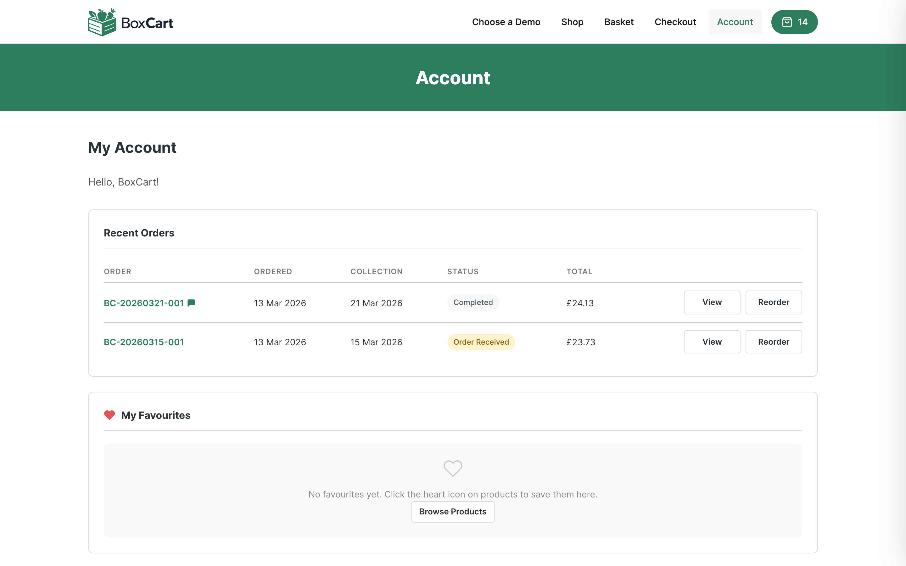 Customer account with order history.
