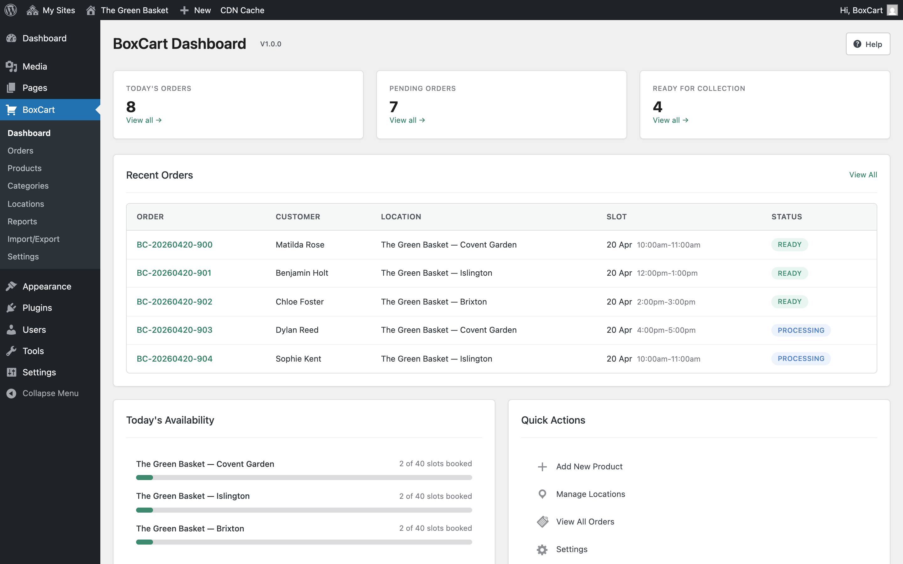 Admin dashboard with today's orders, pending queue, and ready-for-collection.