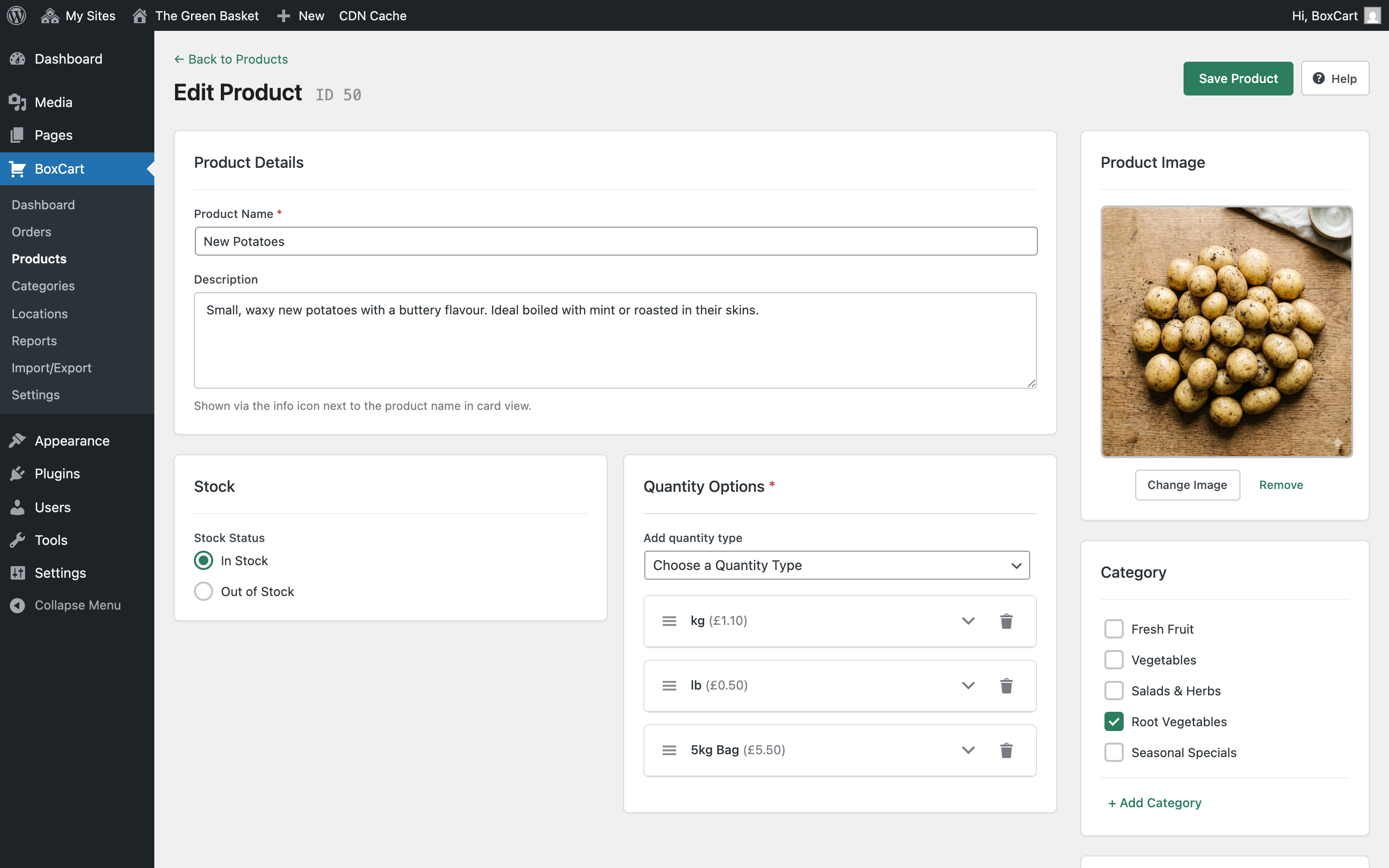 Product editor - name, price, image, category, SKU, stock, and quantity type.