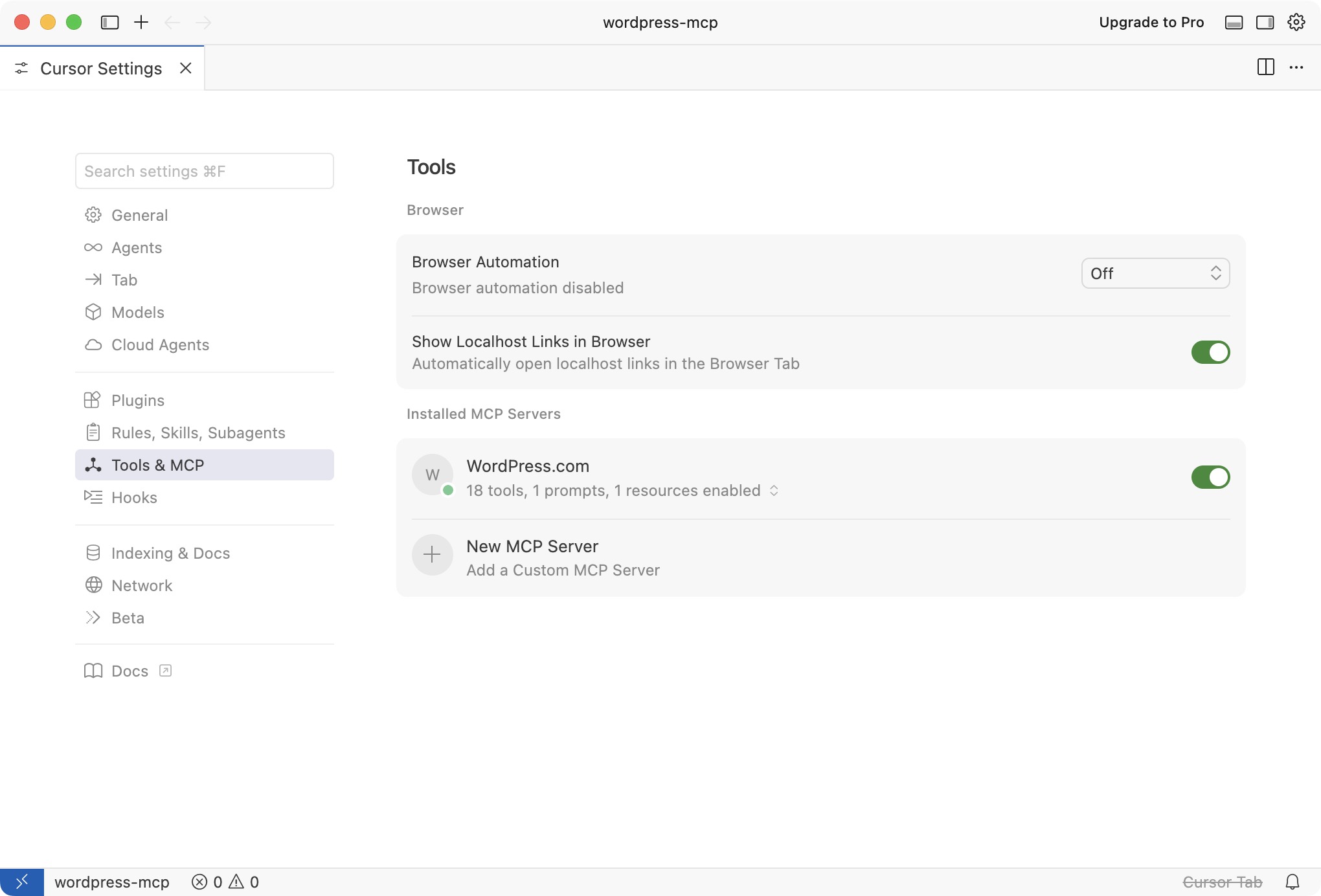 WordPress.com connected to Cursor
