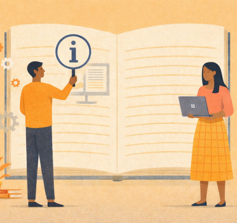 Illustration of two people studying from a large open book—one examining information with a magnifying glass, the other working on a laptop, with gears and documents around them.