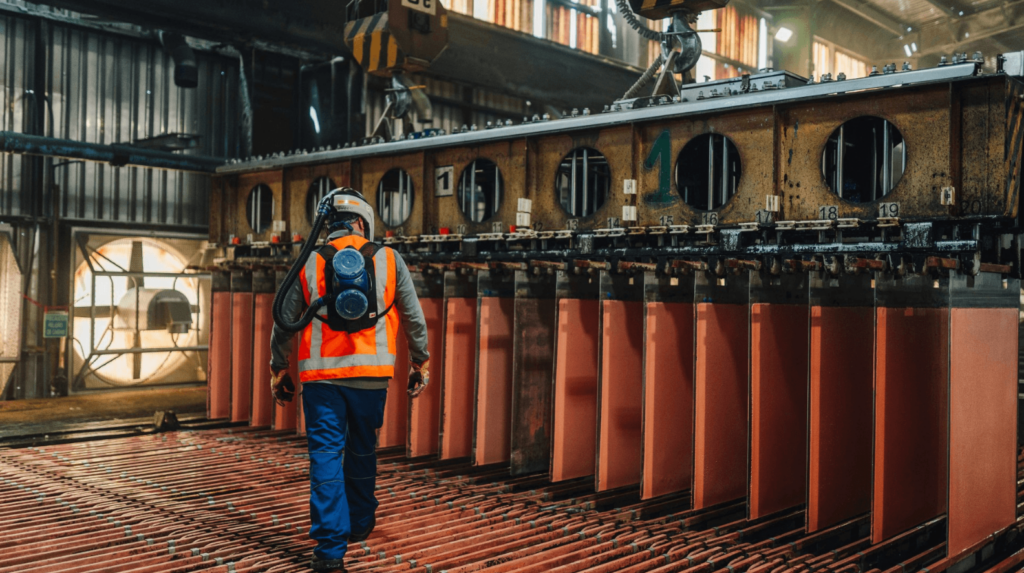 Worker in safety gear monitoring large machinery on a factory floor.