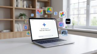 A laptop showing Gemini, surrounded by floating Gmail, Drive, Photos, NotebookLM and Flow icons.