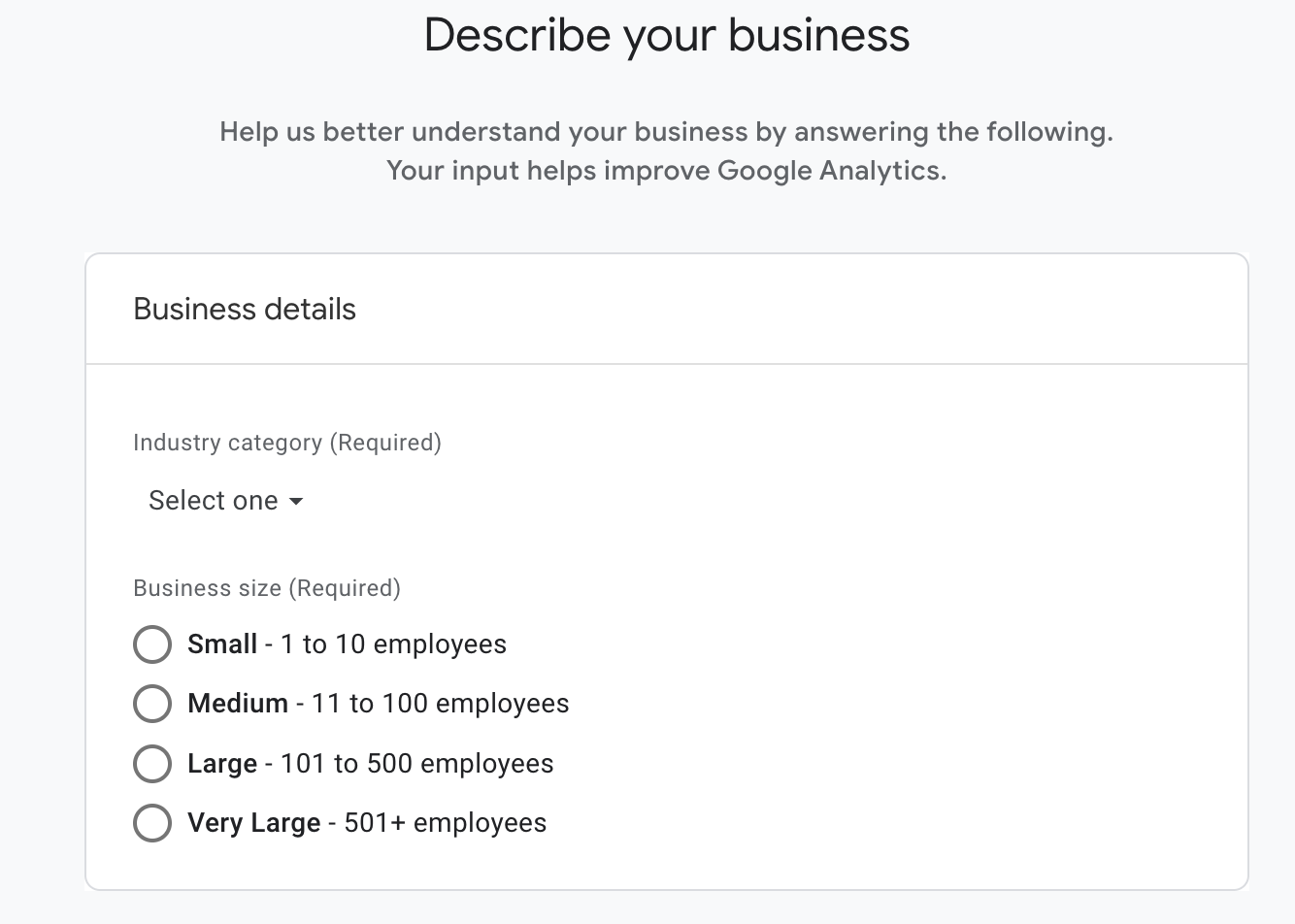 İş bilgilerini eklemek için Google Analytics ekranı