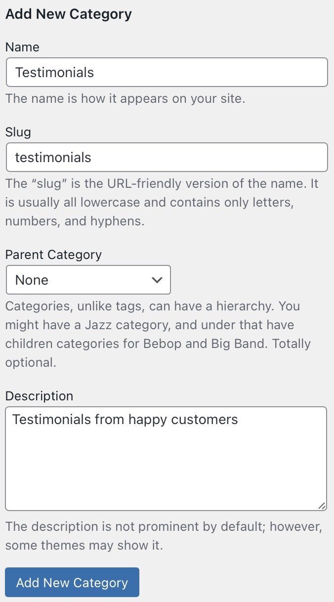 The "Categories" section of "Posts" with the "Add New Category" section filled out.