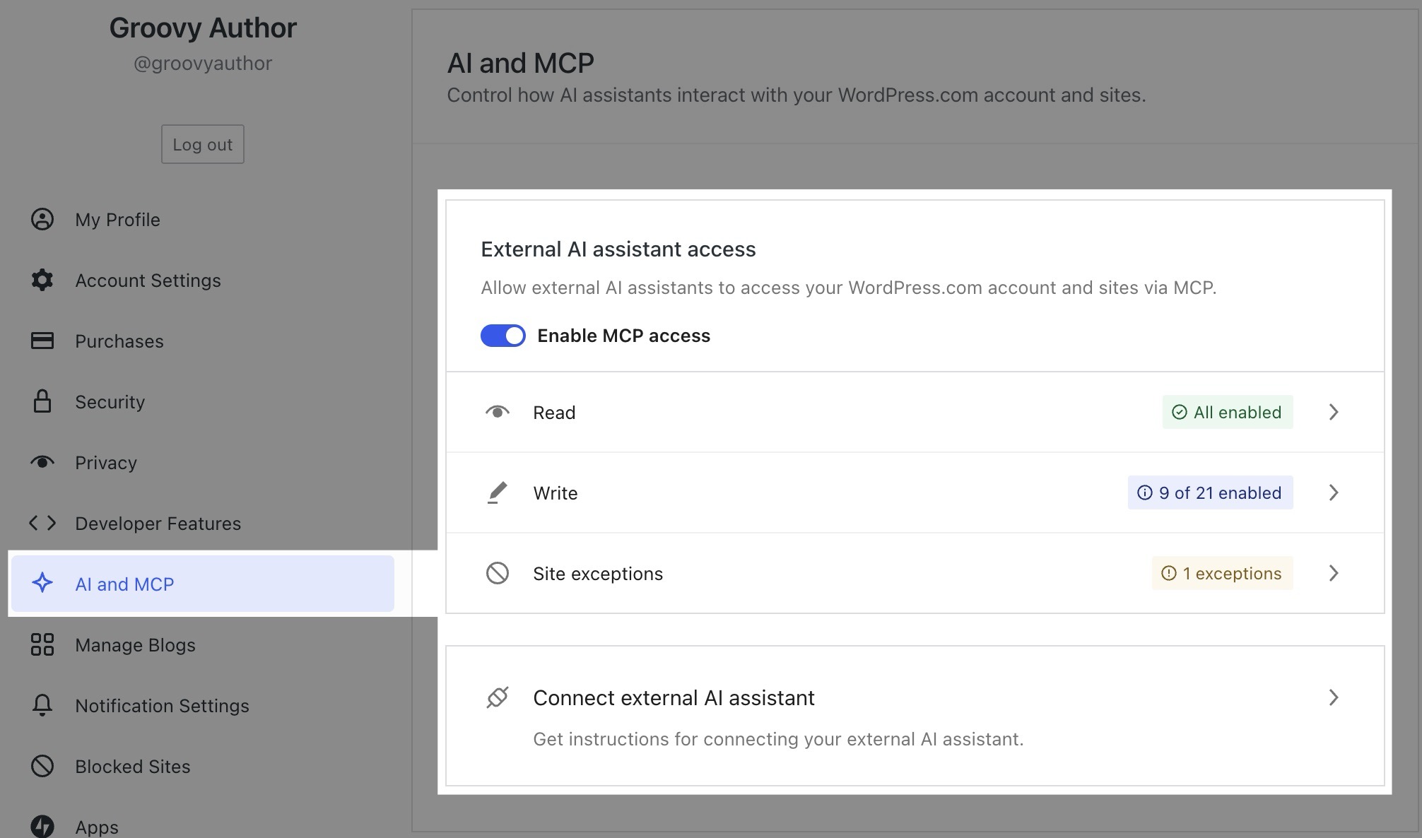 The AI and MCP screen in Account Settings.