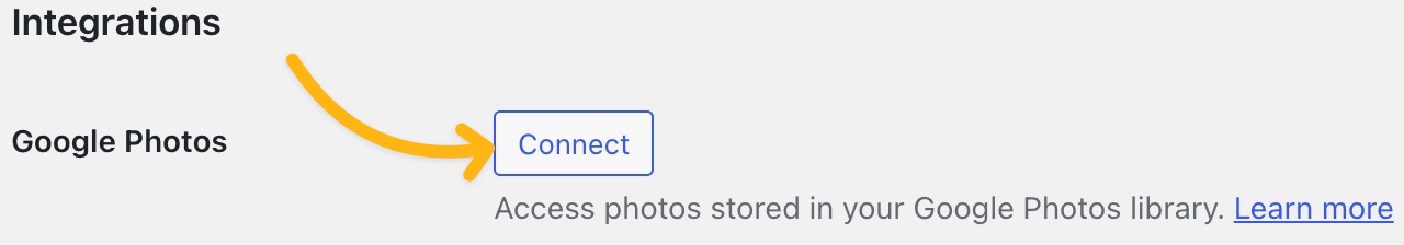 An arrow pointing to the "Connect" button in the Integrations section of Media Settings.