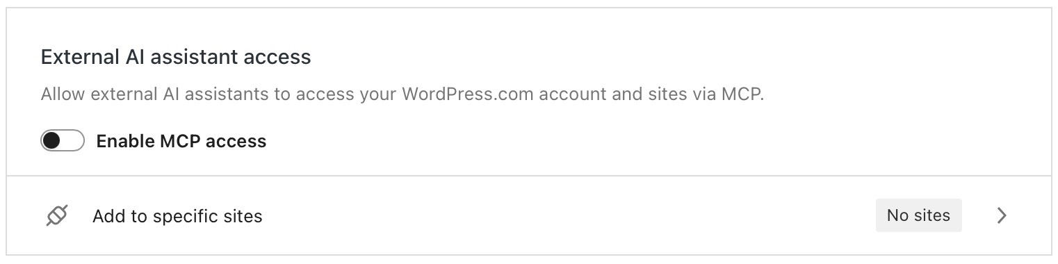 The Account Settings MCP toggle off with an option to add to specific sites below it.