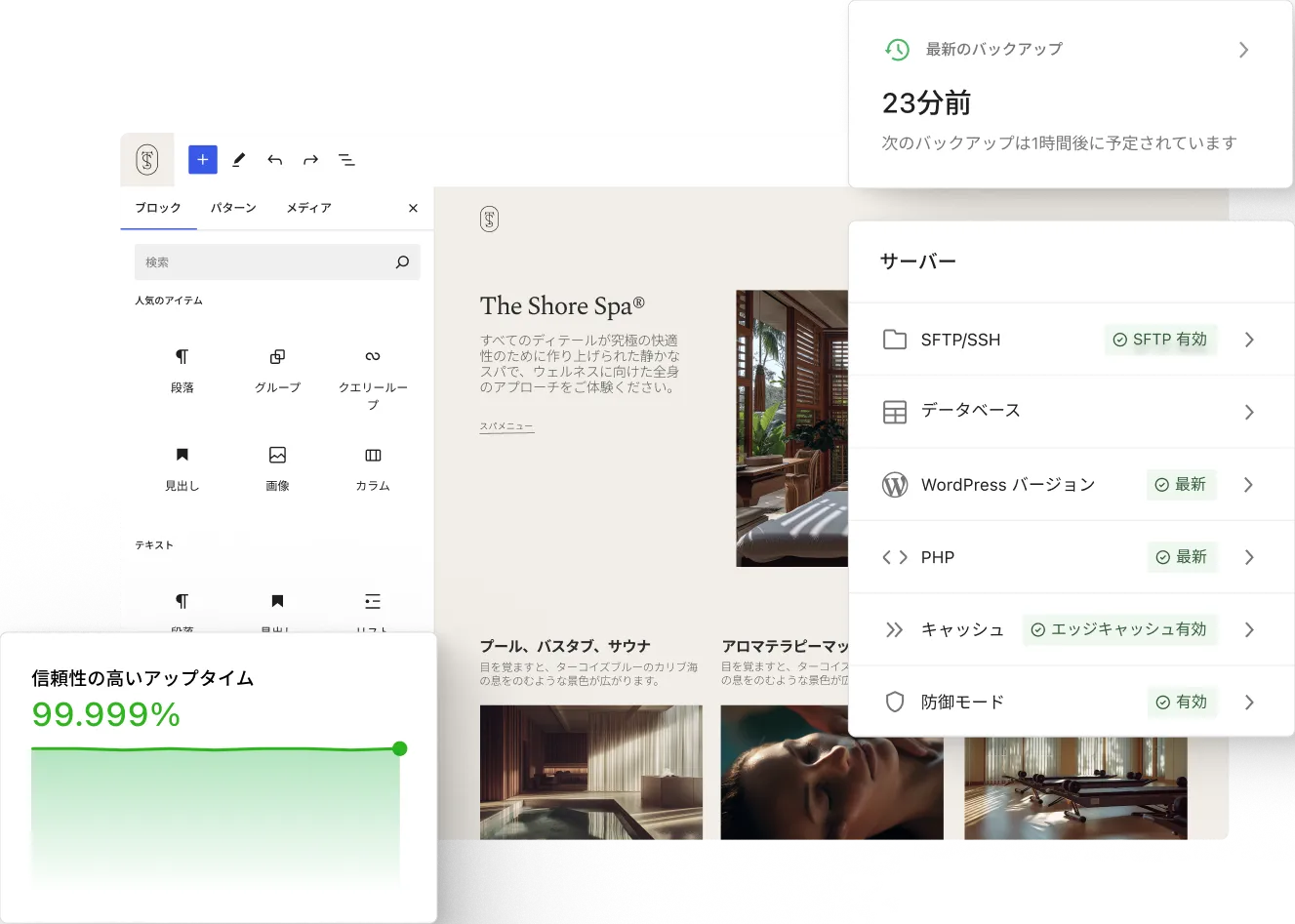 WordPressエディターがスパのランディングページを表示し、重なり合うステータスカードがクリーンでミニマルなダッシュボードワークスペースにバックアップ時間、サーバー設定、信頼性の高い稼働率メトリクスを示しています。
