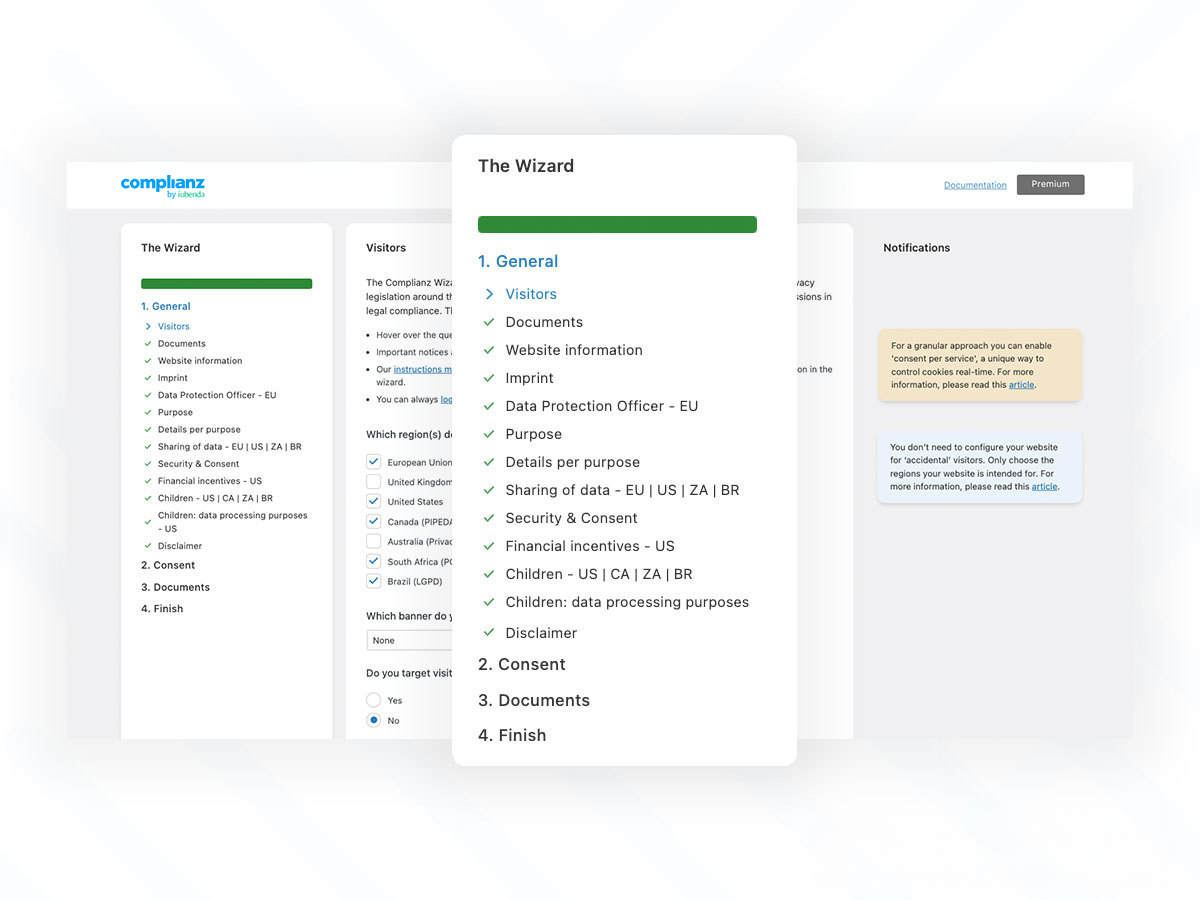 The Wizard: Generate a cookie policy and configure consent management to your specific needs.