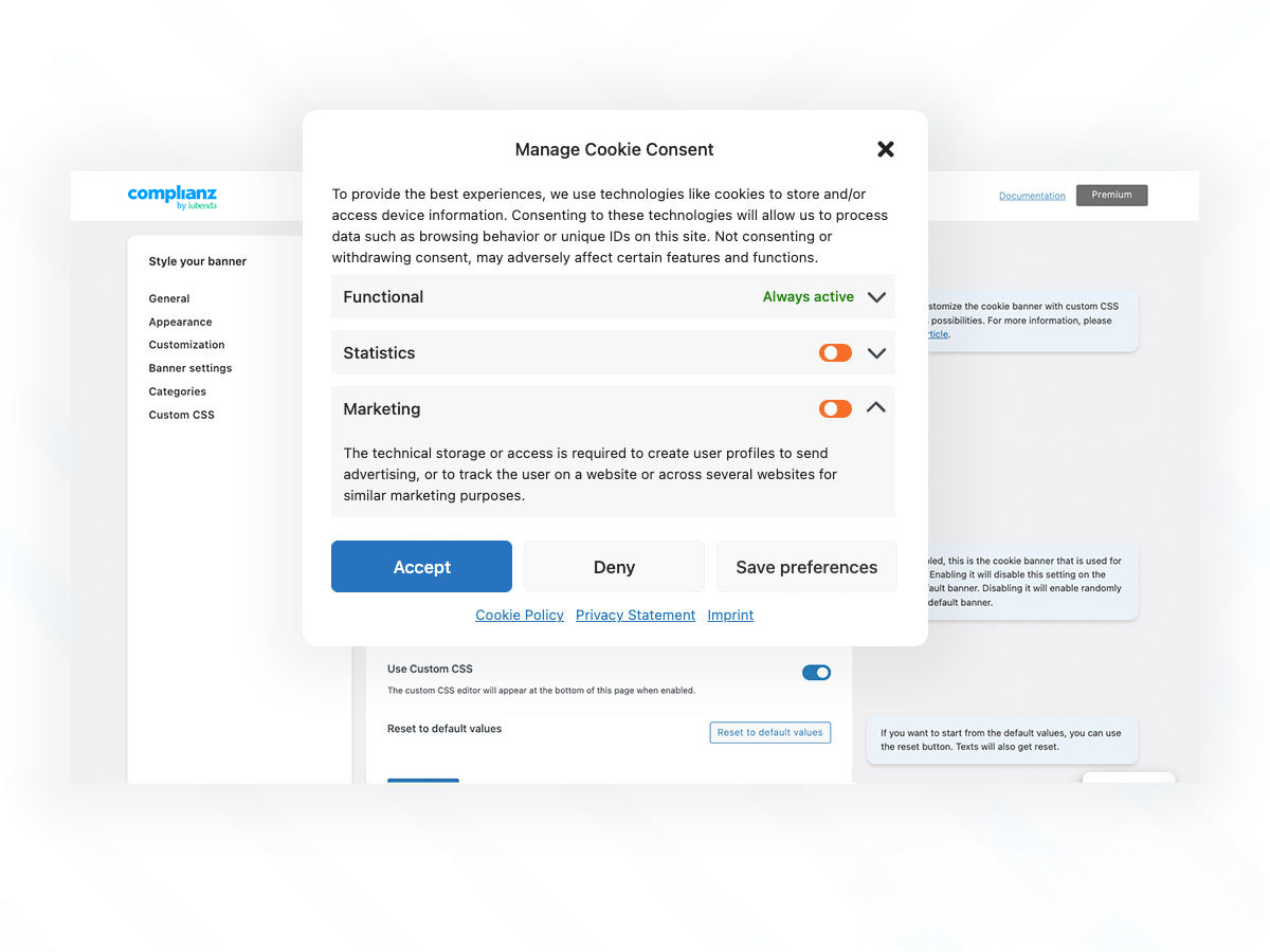Customize your Cookie Banner: Including template styles and a range of styling options, WCAG conform. Custom CSS available for full control!