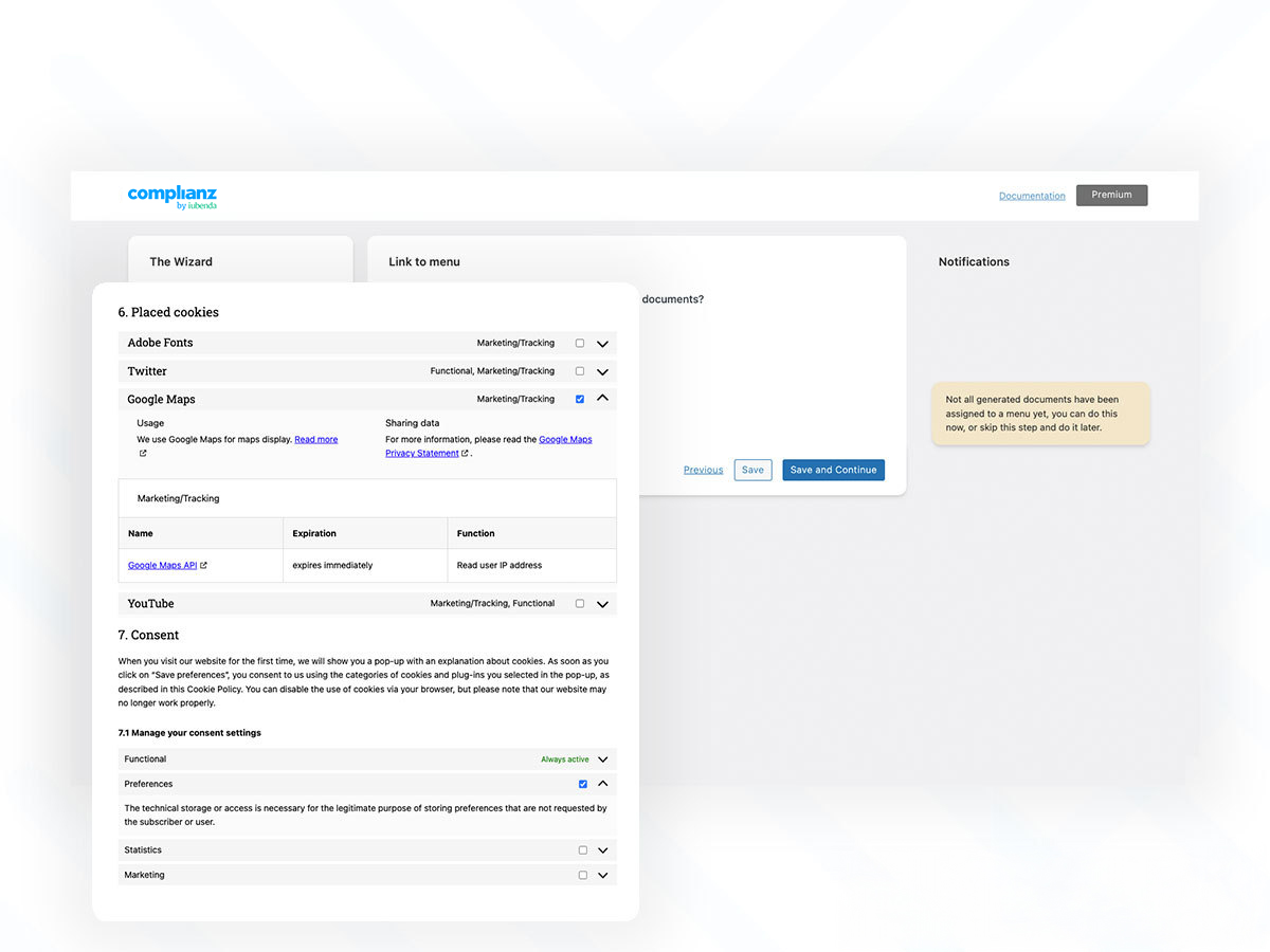 Legal Documents: Dedicated legal documents per region. Generated by you through the wizard, drafted, and updated by our IT Law firm.