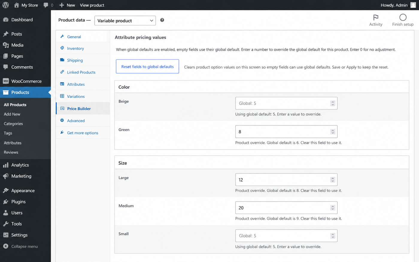 Product fields using global defaults and product-level overrides.