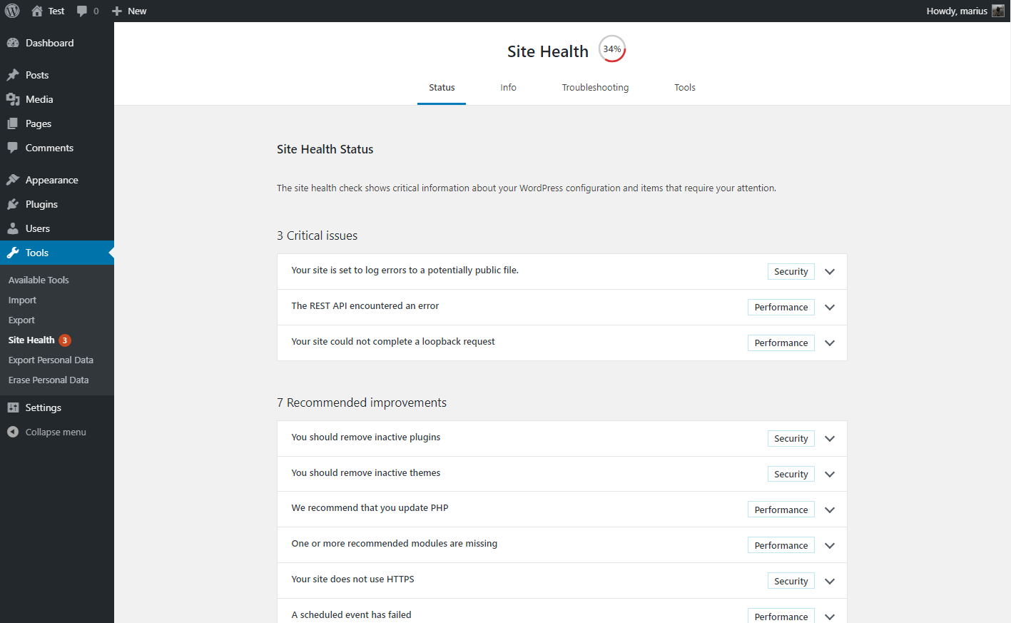The health check screen after the automated tests have gone over the system.