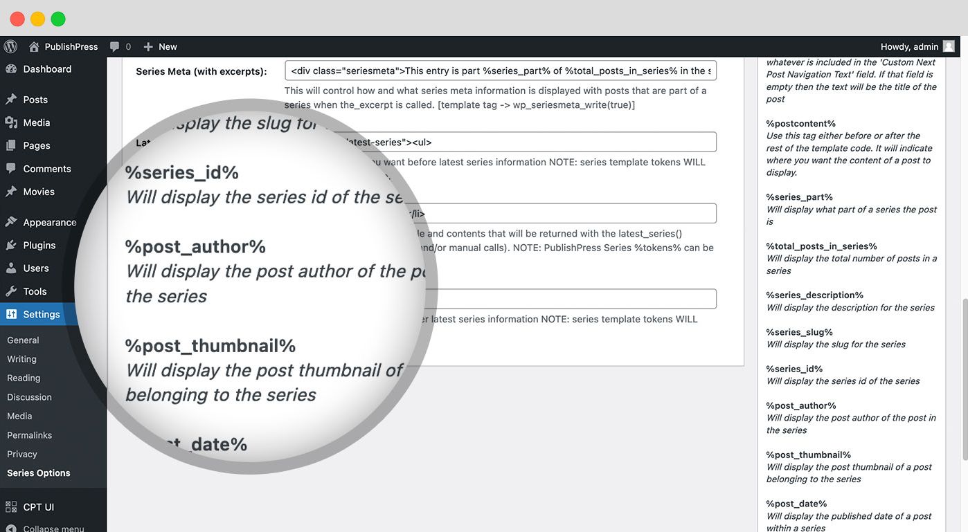The Pro version provides additional tokens to use in the series options page for customizing various series templates.