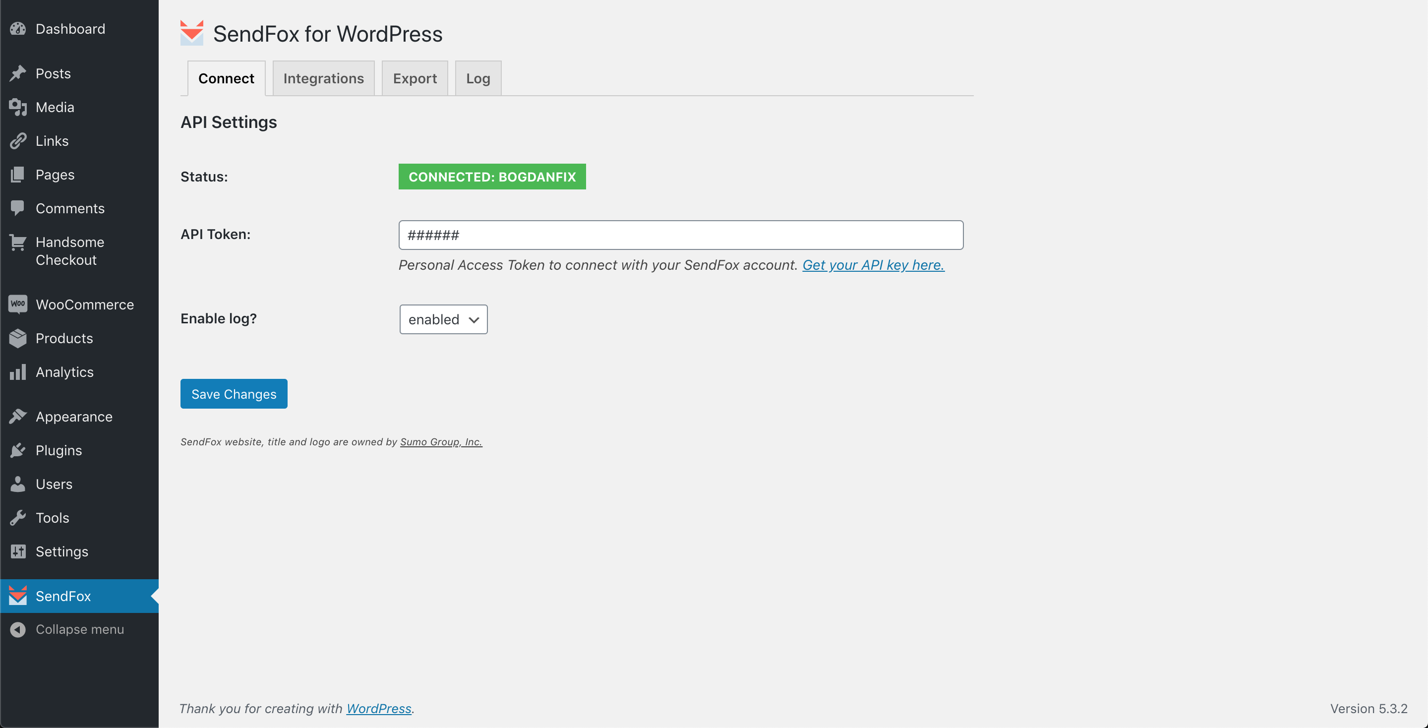 Connect screen. Add your SendFox API key here and check connection.