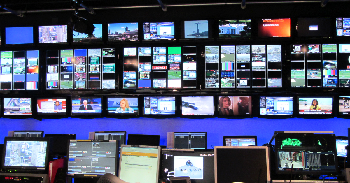 A television control room. (Photo via Wikimedia Commons, Graphic by The Desk)
