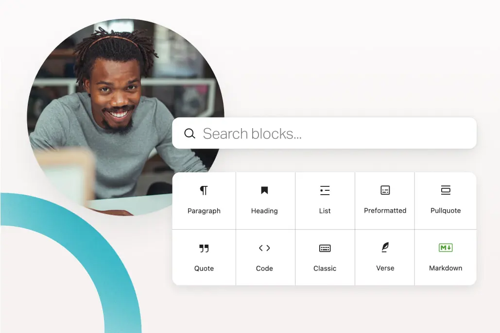 Man smiling beside a search bar and text formatting block menu in a digital solution content interface.