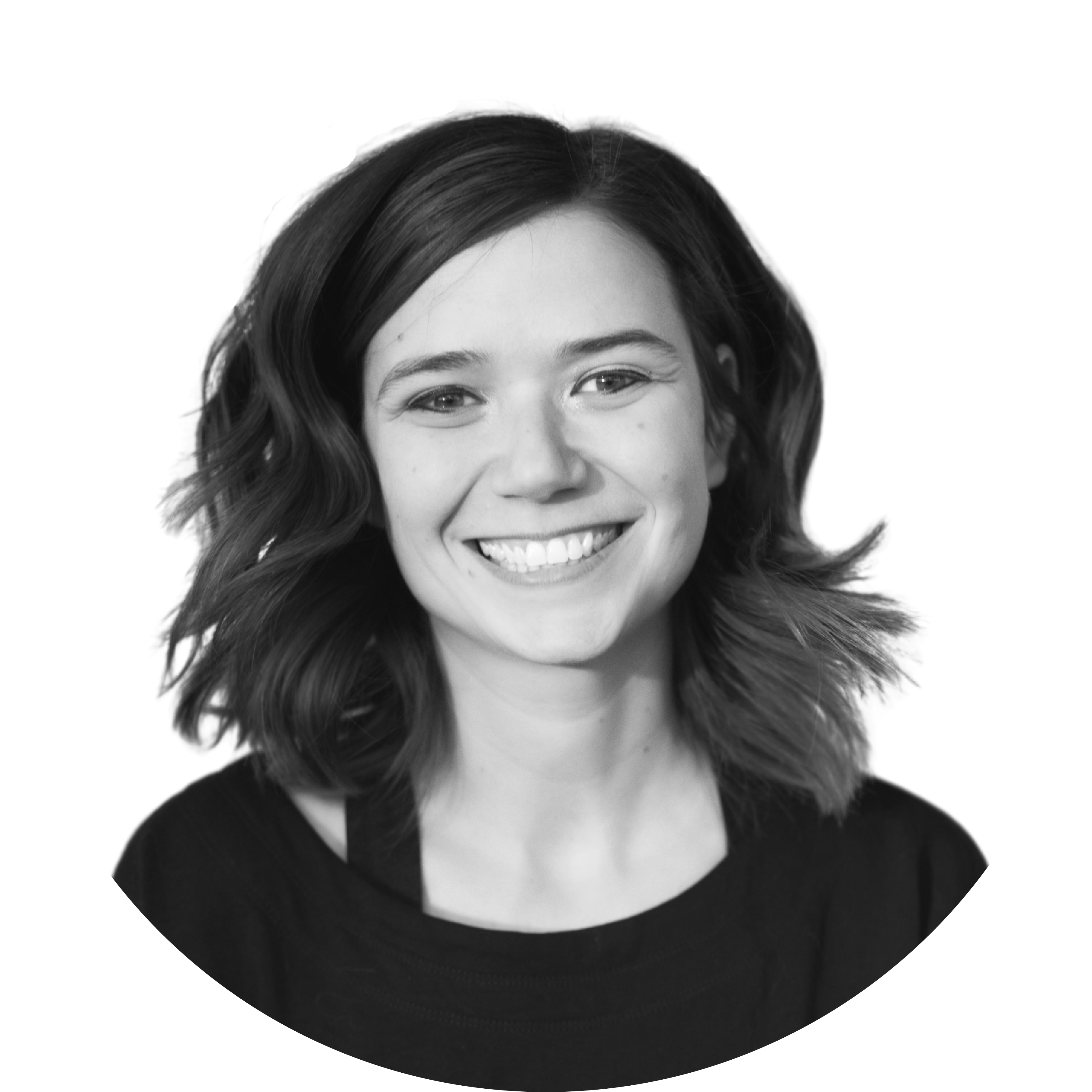 Smiling woman representing editorial contributor for a digital solution platform, black and white profile.