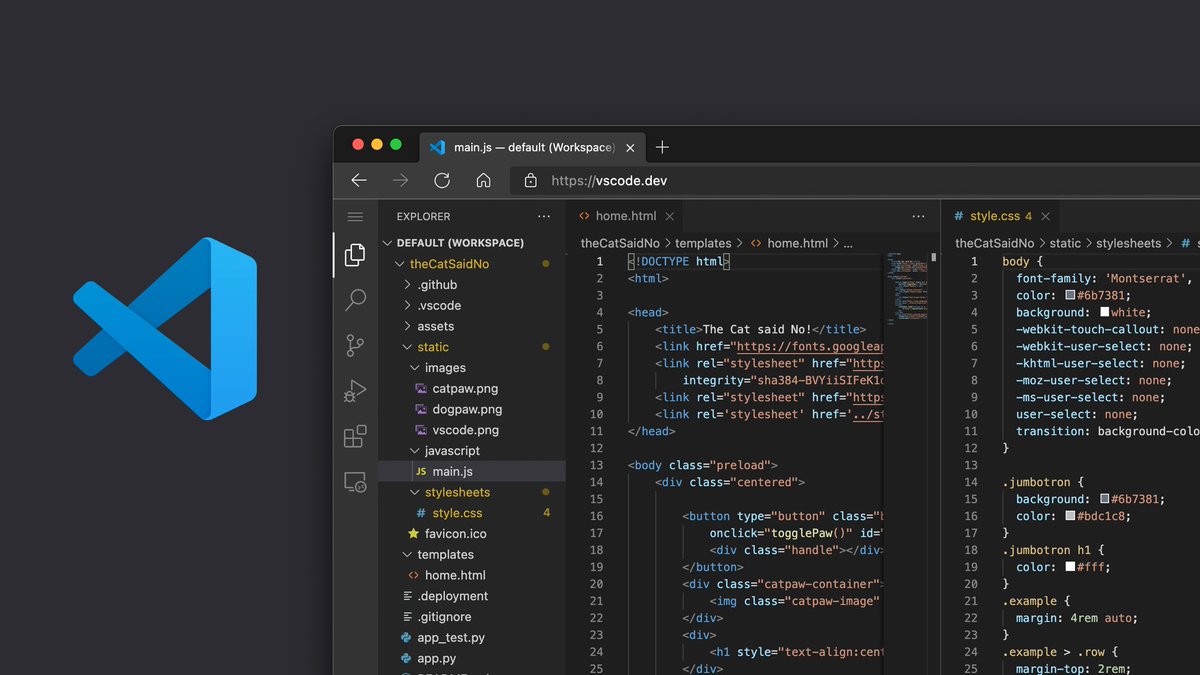 VS Code icon next to a screenshot of the vscode.dev website showing JavaScript code in the browser